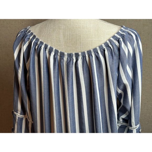 Fever Women Blue White Striped BoHo 3/4 Ruffle Sleeves Shirt Top Blouse Sz Large - Picture 6 of 15